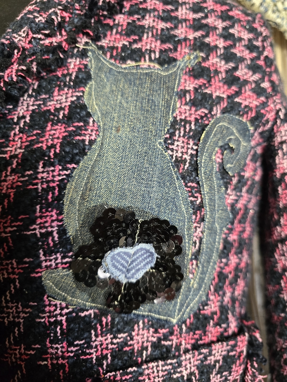 Pink and Black Whimisgoth Artsy Eclectic Tweed Silk Acrylic Jacket Cat Applique - Picture 4 of 9